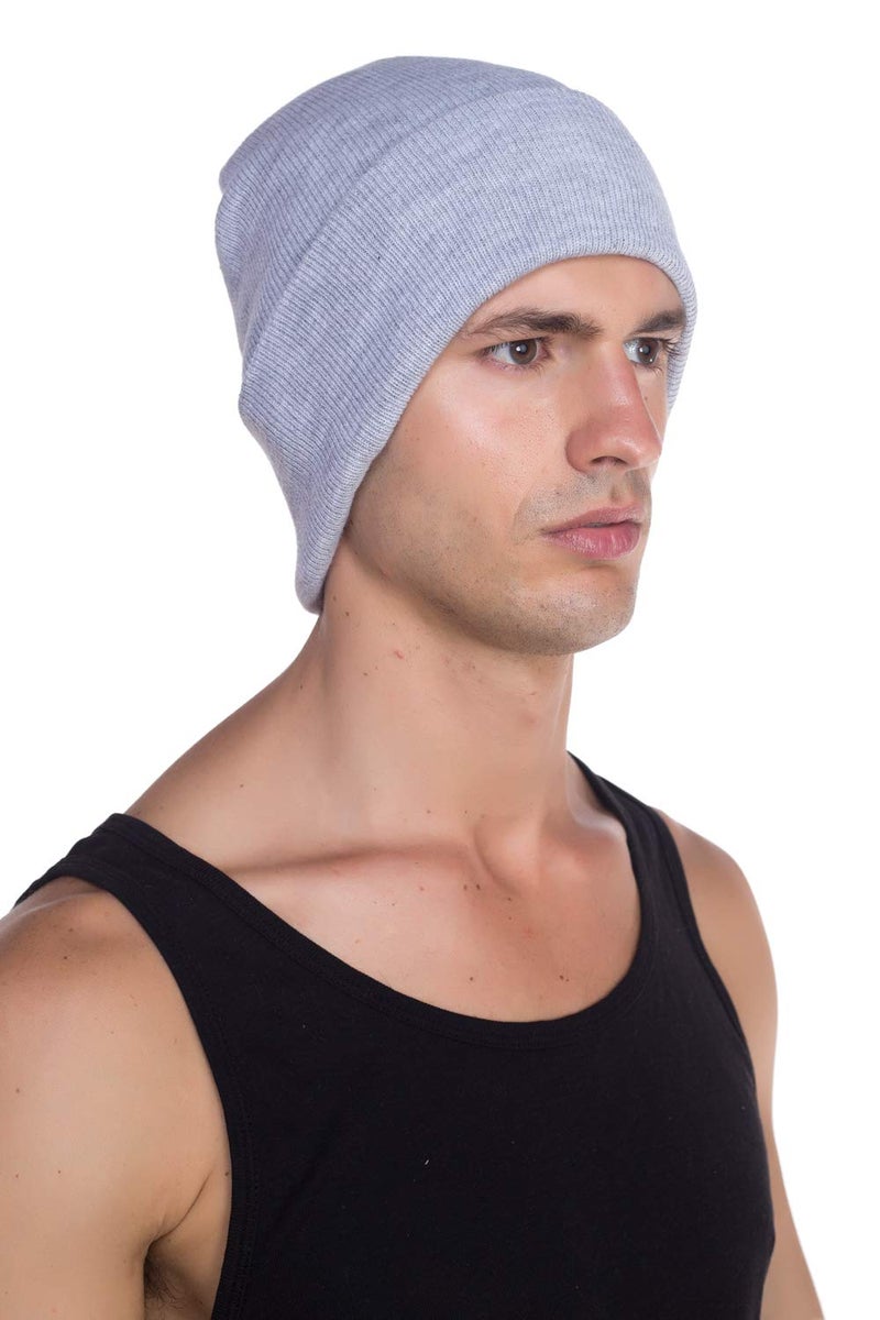 Top Level Beanie Men Women - Unisex Cuffed Plain Skull Knit Hat Cap, Light Grey - Image 2